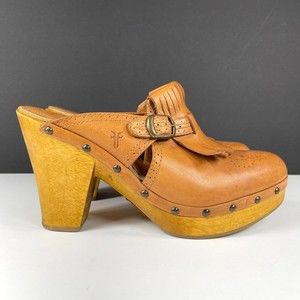 Frye Women's Size 9.5 B Leather Kiltie Tassel Studded Heeled Brogue Mules Tan